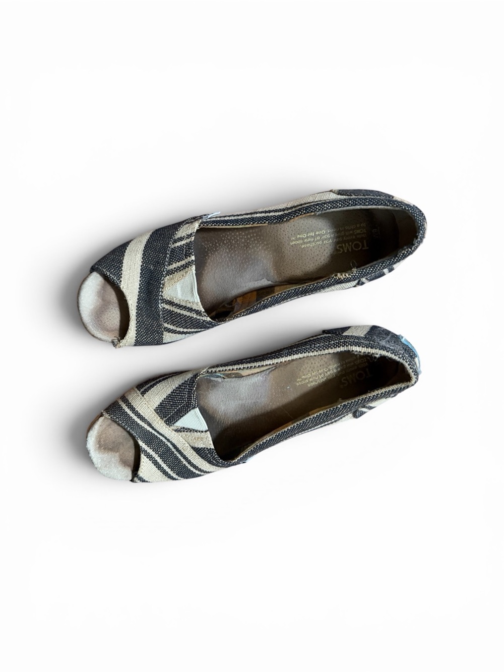 TOMS Women's Black & Cream Striped Peep-Toe Flats - size 8.5